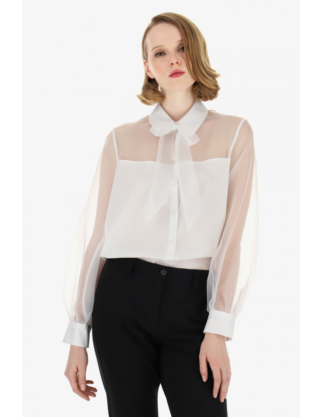 CHEMISE IMPERIAL FEMME EN ORGANZA ET POPELINE A COL CRAVATE COLORIS BLANC