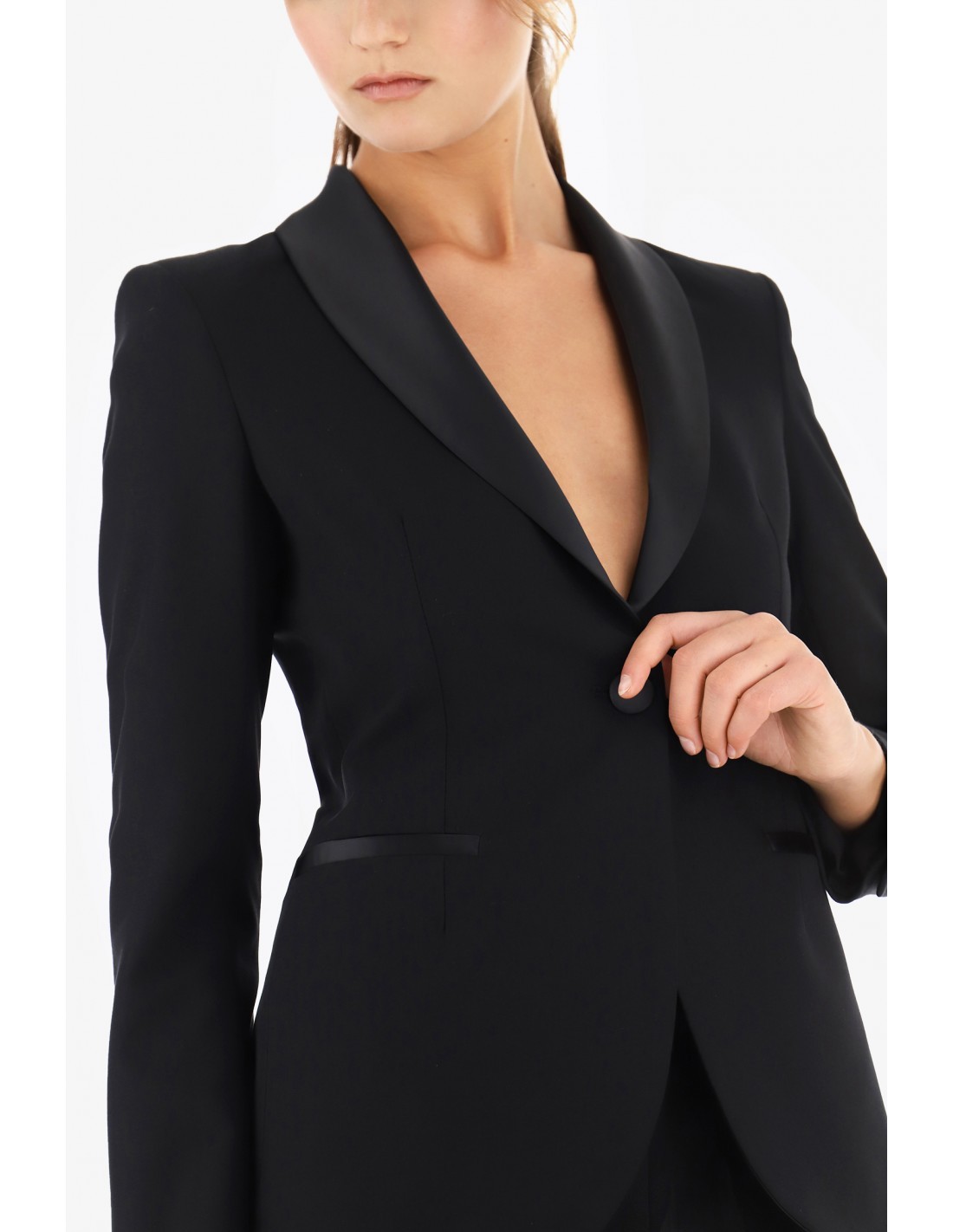 VESTE DE TAILLEUR IMPERIAL FEMME COLORIS NOIR A COL SMOKING EN SATIN NOIR
