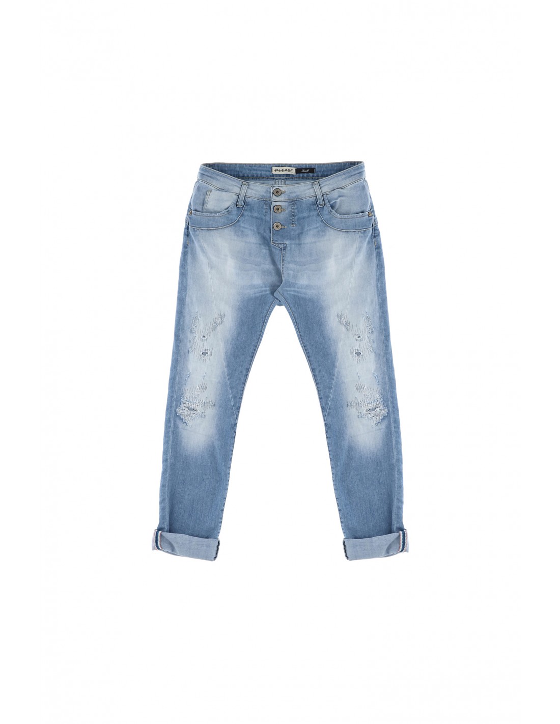 JEAN BOYFRIEND PLEASE A BOUTONNAGE APPARENT EN DENIM DELAVAGE JAVEL AVEC ABRASIONS