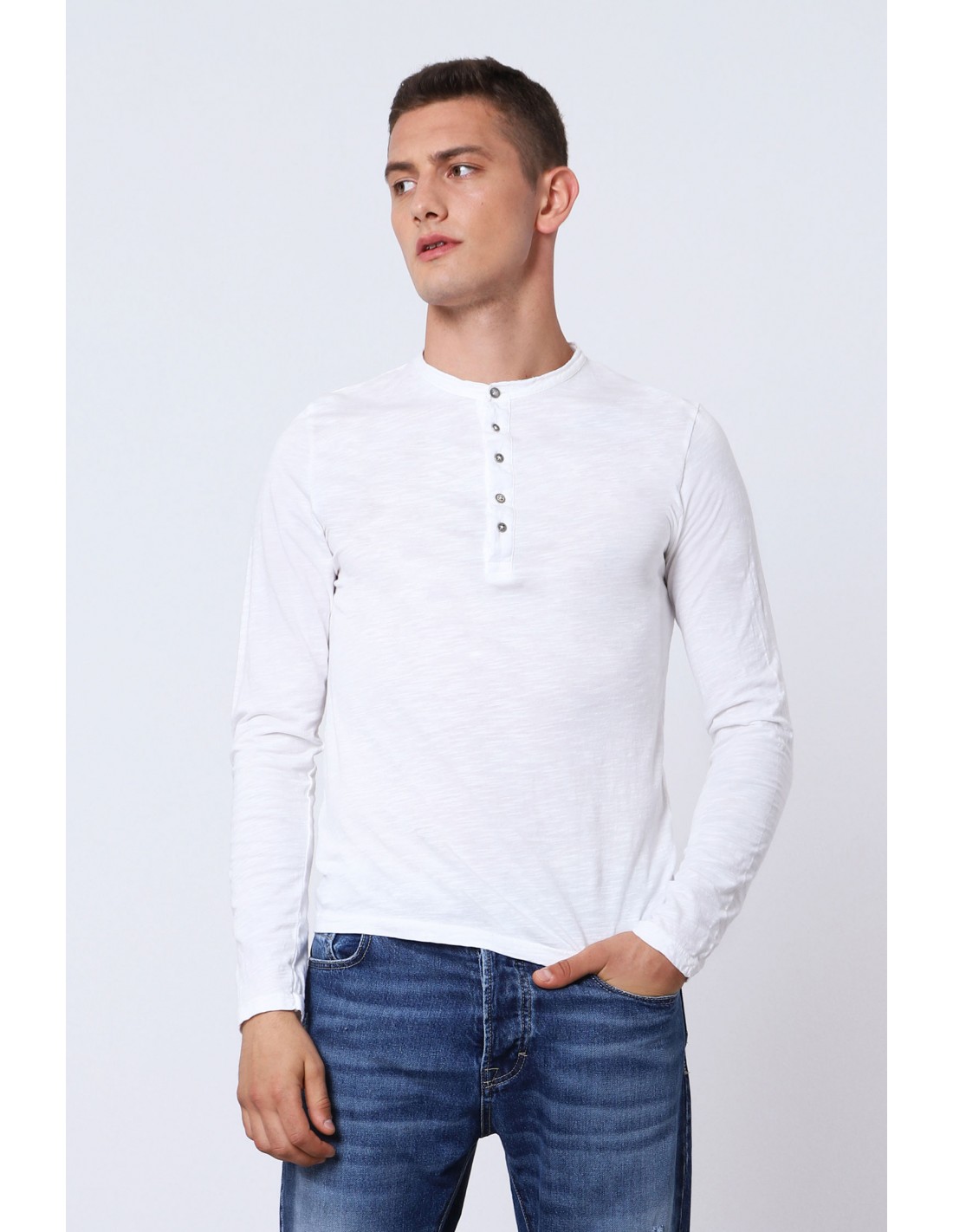 TSHIRT IMPERIAL HOMME COL TUNISIEN A MANCHES LONGUES EN COTON COLORIS BLANC