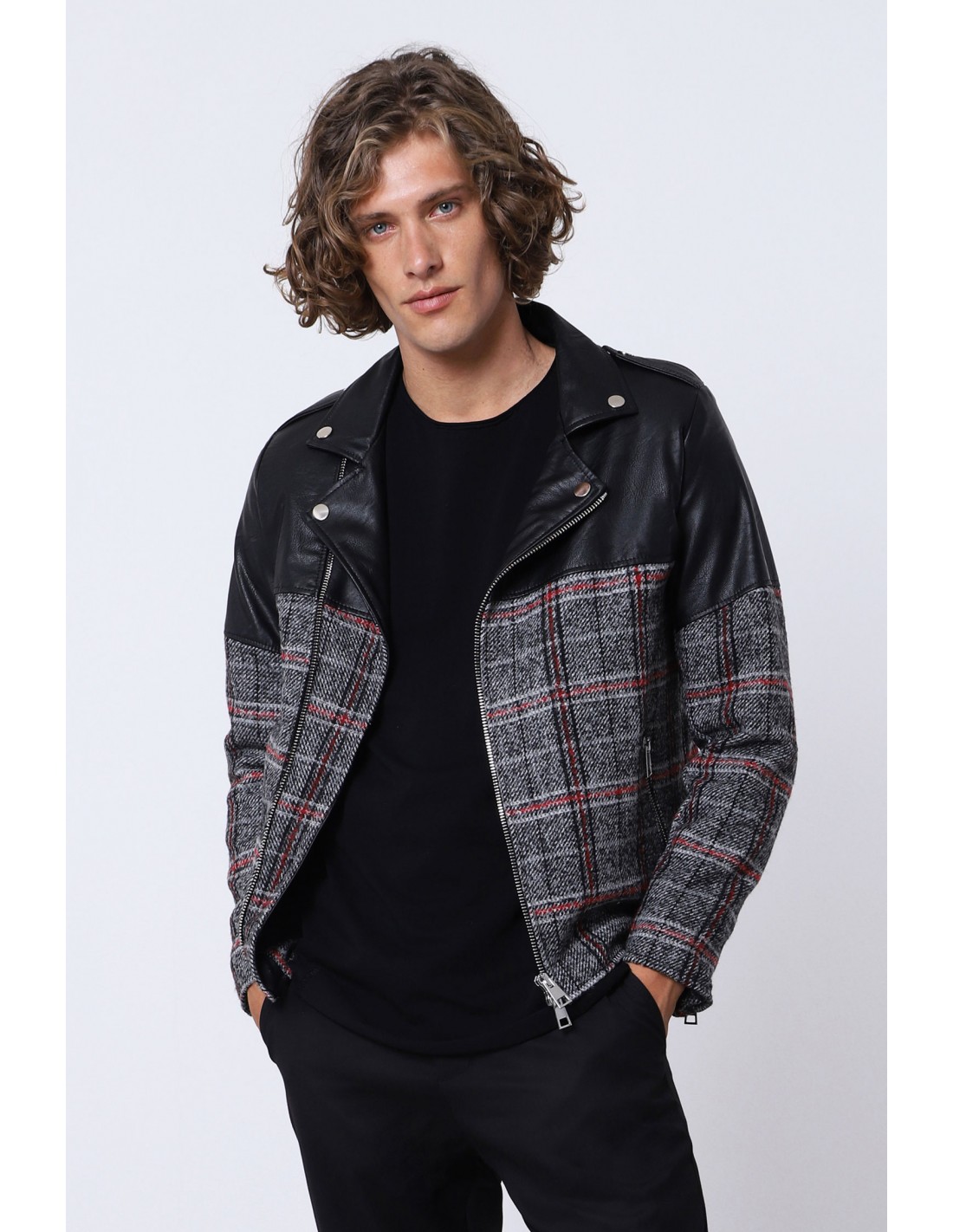 BLOUSON TYPE PERFECTO IMPERIAL HOMME EN SIMILI-CUIR ET DRAP DE LAINE MELANGEE A MOTIF CARREAUX