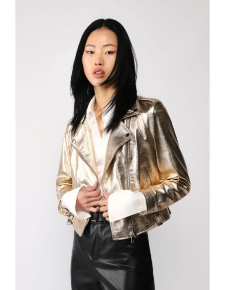 Imperial femme blouson en cuir biker type perfecto coloris oro dor metallis