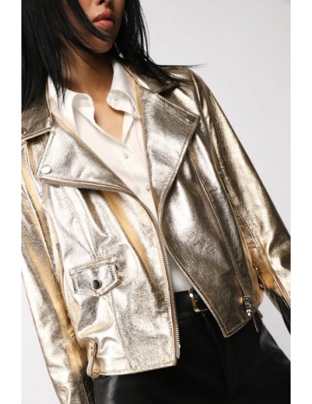 Imperial femme blouson en cuir biker type perfecto coloris oro dor metallis