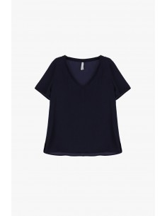 Imperial Femme tshirt manches courtes et col v en crepe satin coloris navy Imperial Femme tshirt manches courtes et col v en crepe satin coloris navy