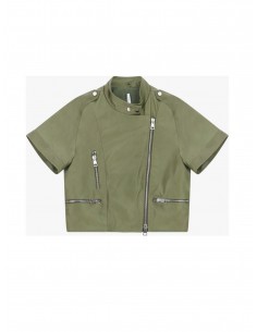 Imperial Femme blouson court en cuir Olive à manches courtes Imperial Femme blouson court en cuir Olive à manches courtes