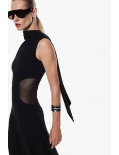 Imperial Femme robe longue asymetrique en jersey noir et resille Imperial Femme robe longue asymetrique en jersey noir et resille