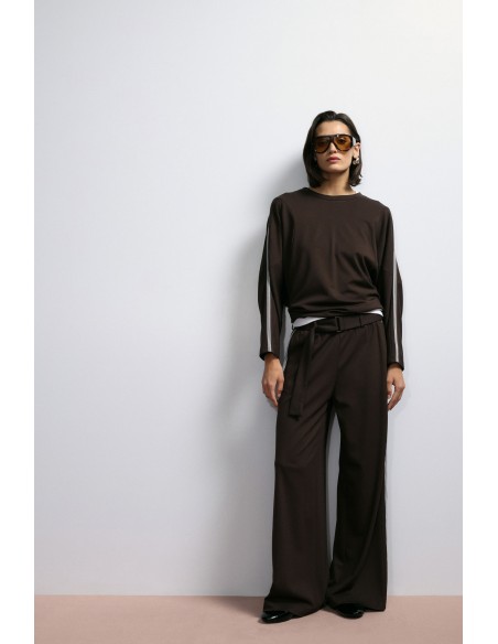 Imperial Femme Pantalon Palazzo Noir avec galon lateral et ceinture