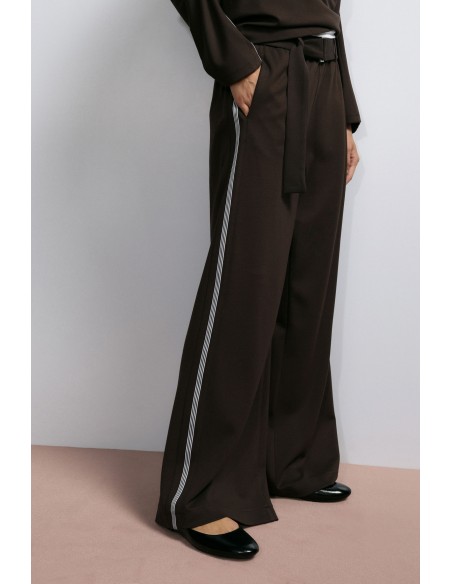 Imperial Femme Pantalon Palazzo Noir avec galon lateral et ceinture
