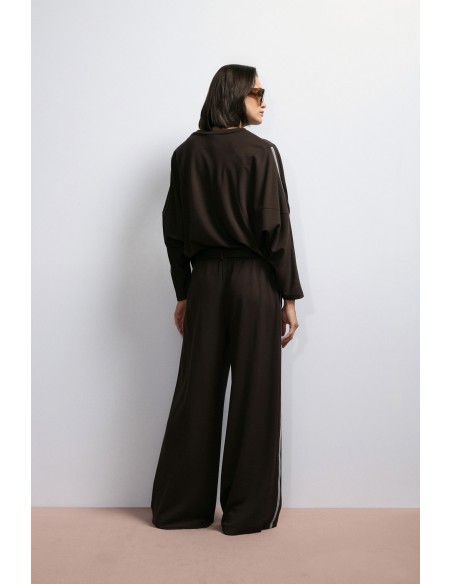 Imperial Femme Pantalon Palazzo Noir avec galon lateral et ceinture