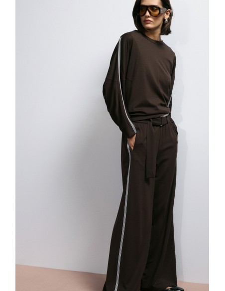 Imperial Femme Pantalon Palazzo Noir avec galon lateral et ceinture
