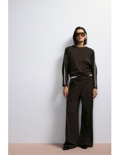 Imperial Femme Pantalon Palazzo Chocolat avec galon lateral et ceinture Imperial Femme Pantalon Palazzo Chocolat avec galon lateral et ceinture