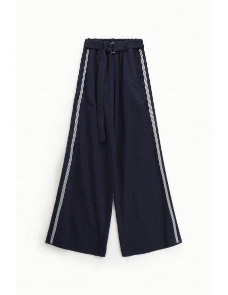 Imperial Femme Pantalon Palazzo Bleu Marine avec galon lateral et ceinture