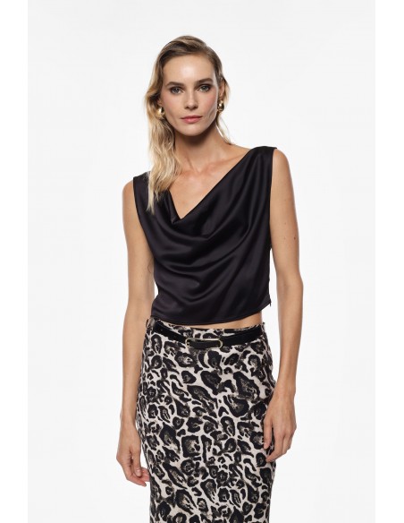 Imperial femme Top en satin noir a col benitier