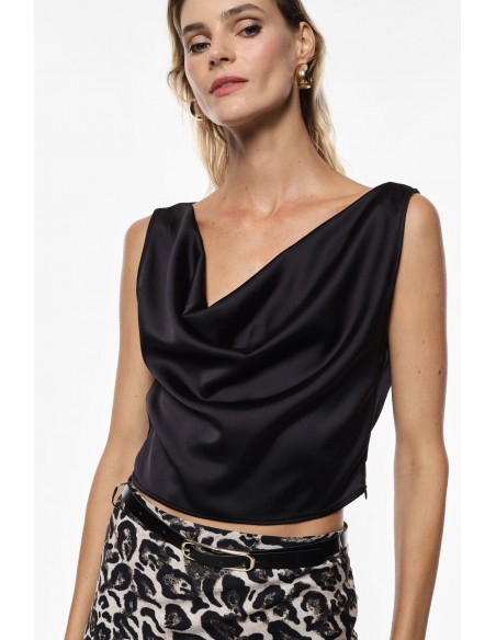 Imperial femme Top en satin noir a col benitier