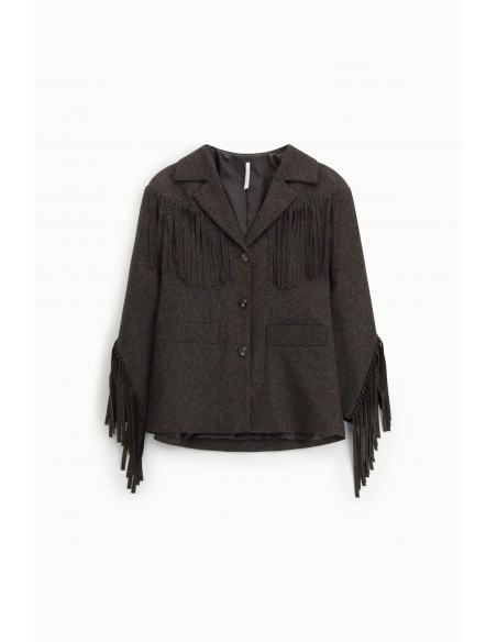 Imperial Femme Blazer à franges en tweed marron chiné