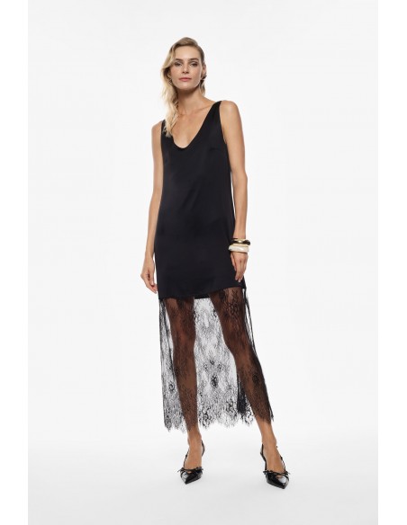 Imperial Femme Robe longue en satin noir et dentelle