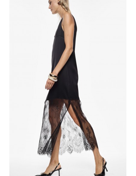 Imperial Femme Robe longue en satin noir et dentelle