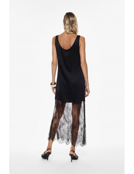 Imperial Femme Robe longue en satin noir et dentelle