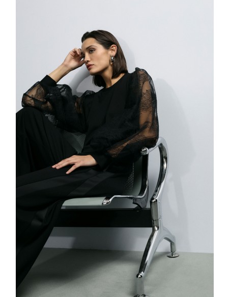 Imperial Femme Sweat shirt  noir avec manches en dentelles