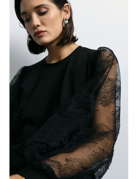 Imperial Femme Sweat shirt  noir avec manches en dentelles
