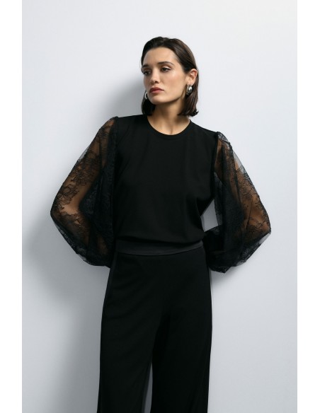 Imperial Femme Sweat shirt  noir avec manches en dentelles