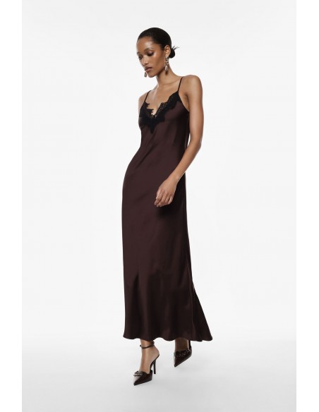 Imperial Femme Robe en satin chocolat et detail en dentelle noire