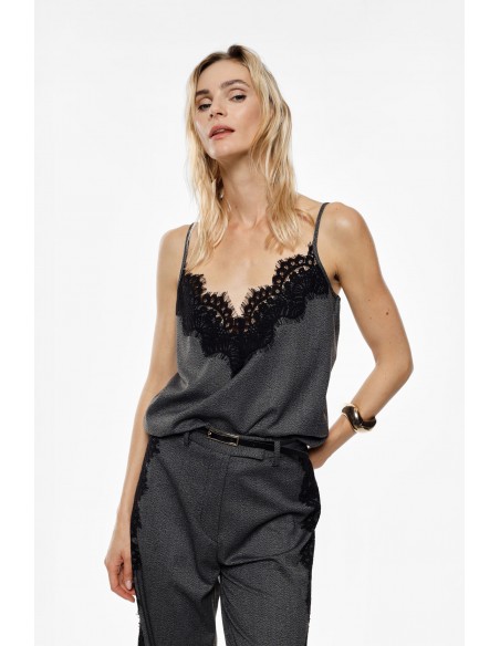 Imperial Femme caraco gris avec incrustation en dentelle noire Imperial Femme caraco gris avec incrustation en dentelle noire