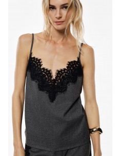 Imperial Femme caraco gris avec incrustation en dentelle noire Imperial Femme caraco gris avec incrustation en dentelle noire