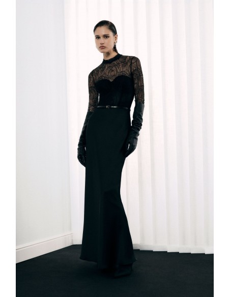 Imperial Femme Robe longue en satin noir et dentelle