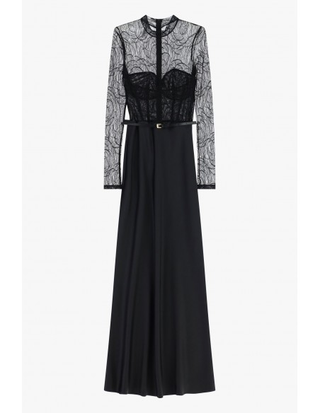 Imperial Femme Robe longue en satin noir et dentelle