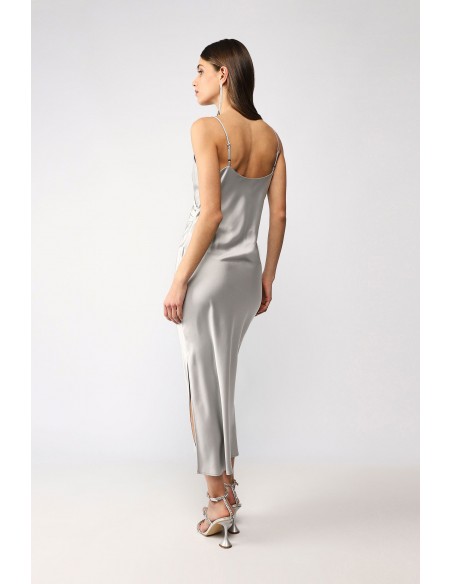 Robe satinée mi-longue femme drapée et fendue – Imperial