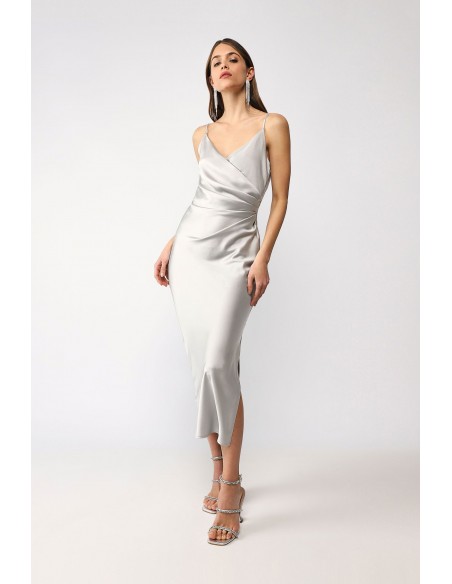 Robe satinée mi-longue femme drapée et fendue – Imperial