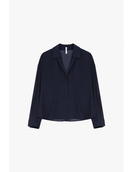 Chemisier oversize manches longues en crêpe satin bleu marine – Imperial Femme