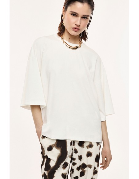 T-shirt ample à manches kimono et col rond coloris ecru