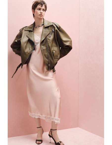 Robe mi-longue asymétrique en crêpe satin à dentelle – Imperial