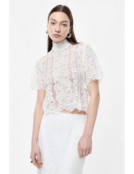 IMPERIAL Femme – Crop top dentelle blanche col montant