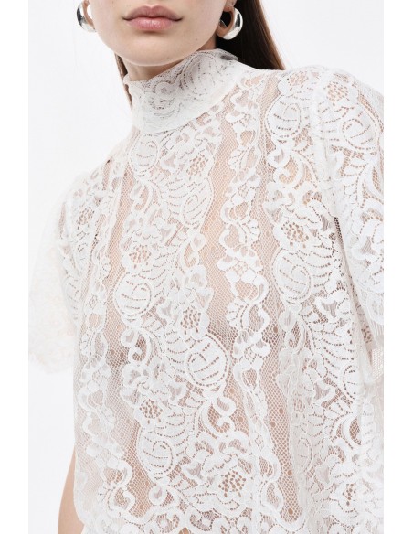 IMPERIAL Femme – Crop top dentelle blanche col montant