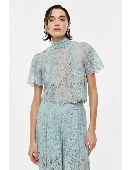 IMPERIAL Femme – Crop top dentelle blanche col montant