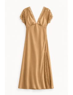 Robe longue Beige satiné à dentelle et fente latérale Imperial Femme