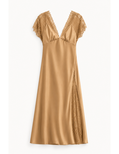 Robe longue Beige satiné à dentelle et fente latérale Imperial Femme