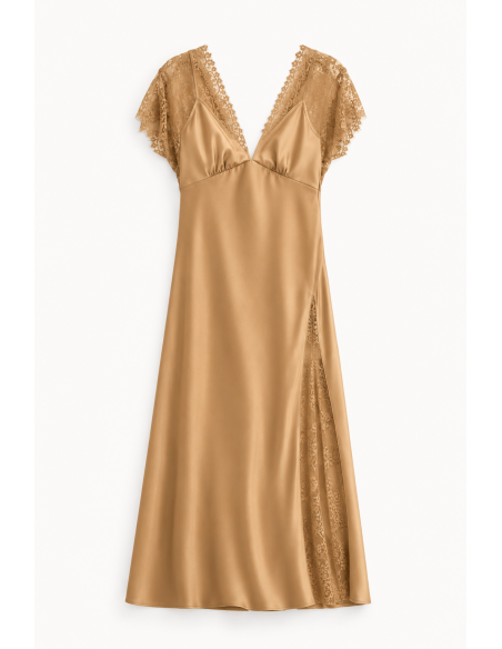 Robe longue Beige satiné à dentelle et fente latérale Imperial Femme