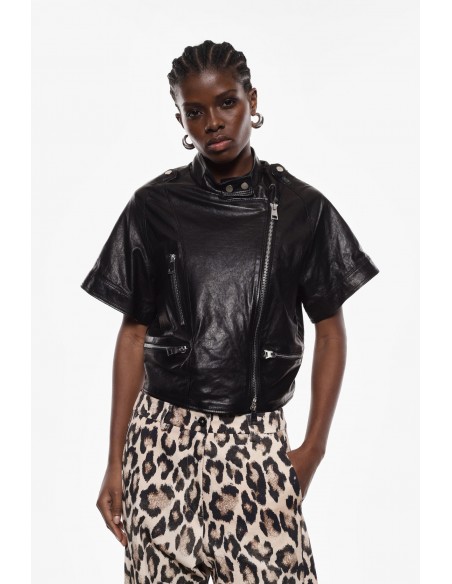 Blouson en cuir noir oversize à manches courtes - Imperial