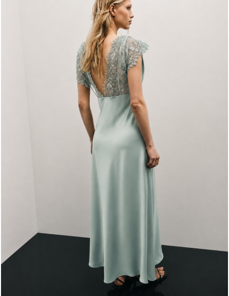 Robe longue satinée à dentelle  – Vert d'eau | Imperial Femme