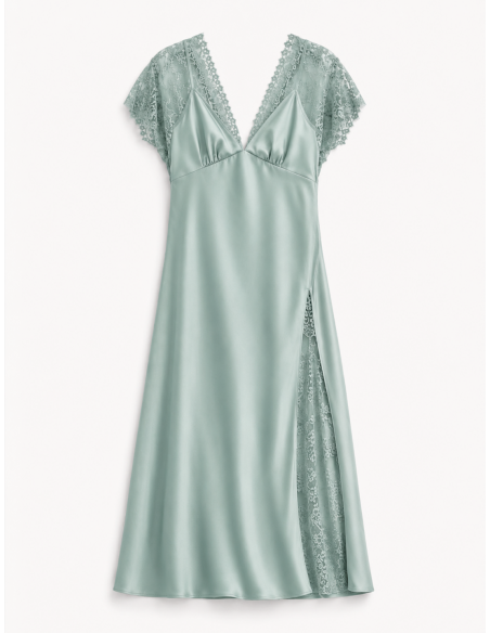 Robe longue satinée à dentelle  – Vert d'eau | Imperial Femme