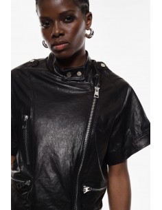 Blouson en cuir noir oversize à manches courtes detail - Imperial femme lyon