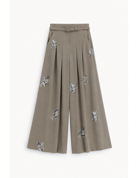 Pantalon palazzo taille haute piqué brodé sequins – Imperial Femme