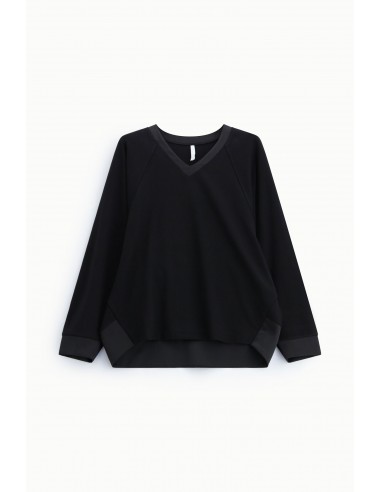 Sweat-shirt noir col V manches chauve-souris poignets satin – Imperial Femme