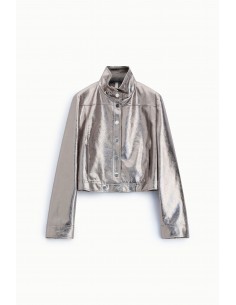 Blouson court éco-cuir lamé argenté craquelé – Imperial Femme