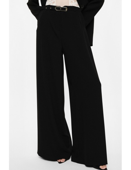 Pantalon palazzo noir taille haute ceinture métallique zoom – Imperial Femme