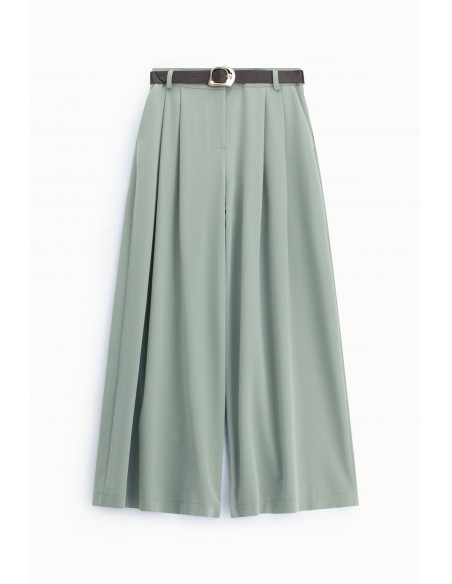 Pantalon palazzo vert d'eau taille haute pinces ceinture fantaisie – Imperial Femme